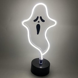 Luz LED de neón de Halloween, letreros de neón de calabaza brillante con base de soporte, luz de mesa USB o con pilas, decoración de Halloween para recámara, computadora o fiesta (fantasma)