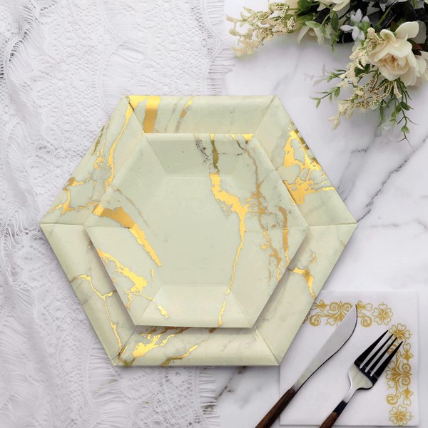 Efavormart 25 Pack - 8.5" Ivory Dessert Salad Paper Plates, Hexagon Disposable Plate With Gold Foil Marble Design - 400 GSM for Wedding Receptions, Banquets, and Catered Events