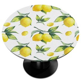 Fruit Lemon Leaf Round Table Cover with Elastic Edge,lemon Fitted Tablecloth Waterproof Wipeable Round Table Cover for Kitchen Dining Party Holiday Fits Outdoor Round Plastic Table Cloth 45-50 In