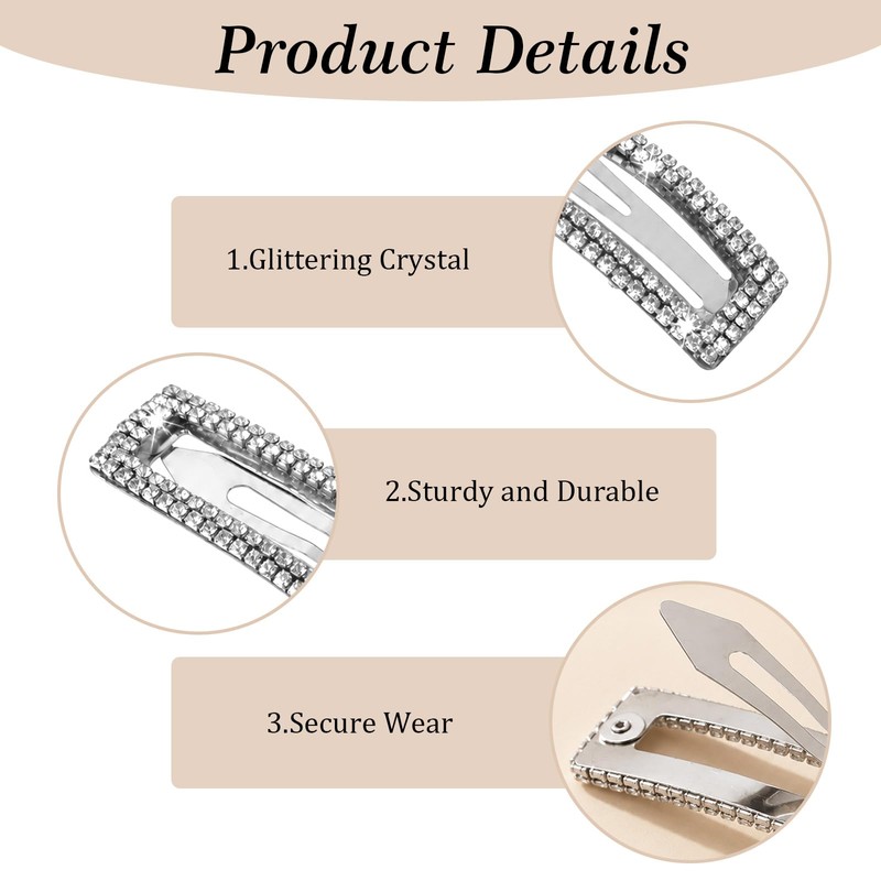 4 Pack Silver Barrettes, Rectangular Rhinestone Hair Clips