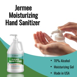 Jermee Moisturizing Hand Sanitizer Gel, 70% Alcohol - Kills 99.99% Germs, Enhanced with Vitamin E and Aloe Vera - Crystal Clear Gel, Refreshing Scent, Made in USA - 1 Gallon with Easy to Use Pump
