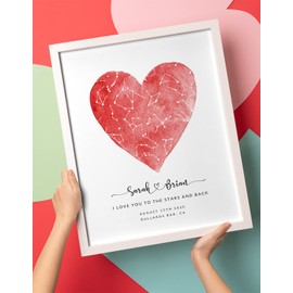 Custom Constellation Map Print - UNFRAMED, Red Heart Watercolor Star Map Wall Art, Valentine's Day Gift, Wedding Anniversary Newborn Gift, Birthday Gift to Her and Him