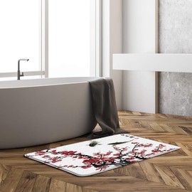 Jingjiji Asian Decor Bath Mat Red Plum Blossom Bloom Trees Branch Koi Tradition Antique Japanese Ink Painting Art Abstract Natural Indoor Carpet Bathtub Carpet with Non-Slip Lining 16 x 24 Inch