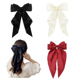 JEKUGOT Big Bow Hair Clips, 3Pcs Solid Color Big Bow Barrettes, Soft Long Tail Ribbon Hair Clip hair, Bow Hair Clips For Women Girls(Black White Red)