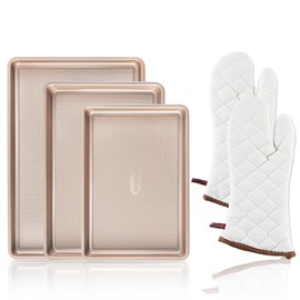 HONGBAKE 3 Pack Gold Nonstick Baking Sheet Pan Set with Oven Mitts Heat Resistant, Non-Toxic Half/Quarter/Jelly Roll Pans with Diamond Texture Pattern, Heavy Duty 0.8mm Thick Cookie Trays for Cooking