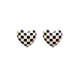 Checker Heart Stud Earrings for Women Unique Temperament Enamel Black White Striped Checkerboard Lightweight Small Earrings for Minimalist Valentines Day Birthday Anniversary Fashion Jewelry Gifts (Gold)