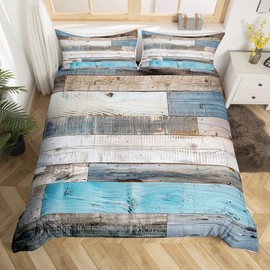 Splicing Wooden Stripes Duvet Cover Queen Size Western Farmhouse Style Comforter Cover with 2 Pillowcases(No Comforter) for Teens Adults Blue Grey Old Barn Door Bedding Set 3 Pcs Decorative Bed Cover