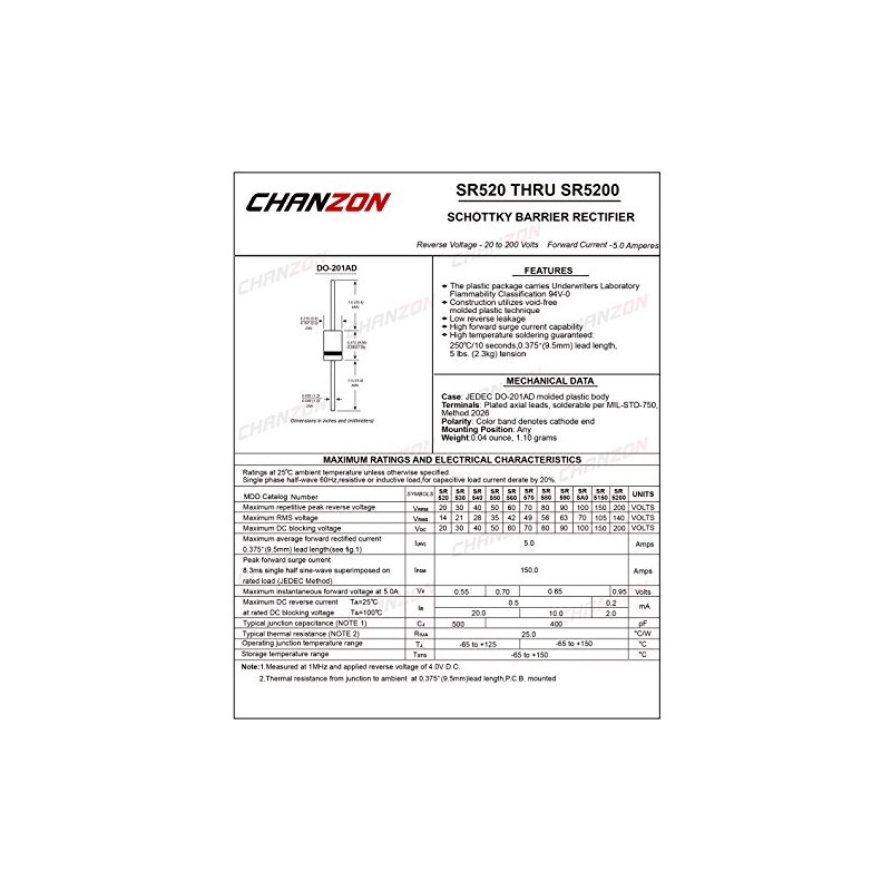(Pack of 20) Chanzon SR540 (SB540) Schottky Barrier Rectifier Diodes