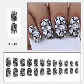 CEWEWP Spring Flowers Press on Nails Medium Square Fake Nails with Black White Flowers Pattern Design False Nails Acrylic Nails Glossy Full Cover Glue on Nails Cute Stick on Nails for Women 24Pcs