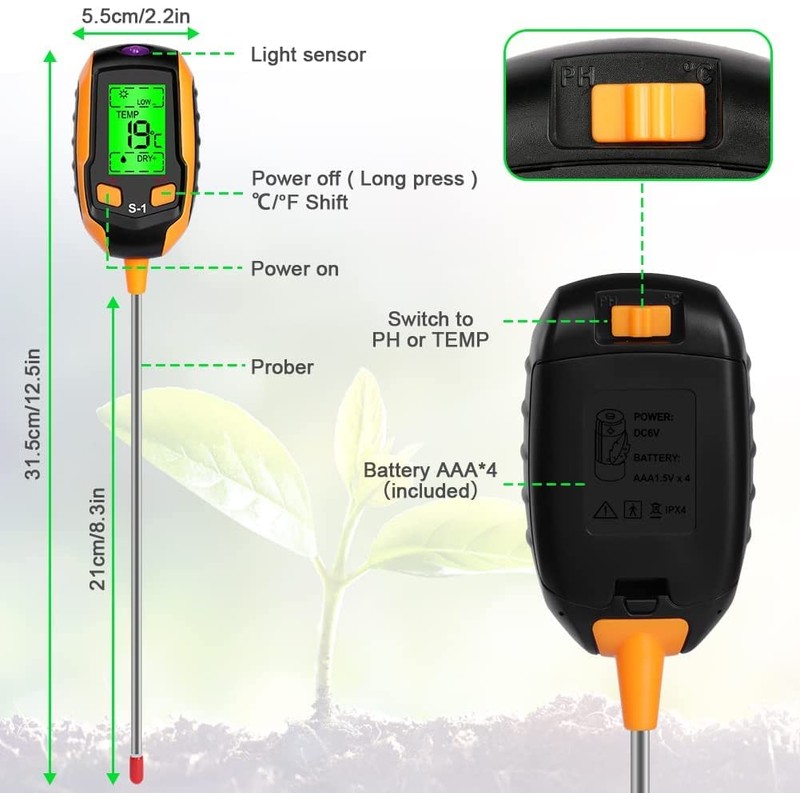 Soil Moisture Meter, 4 in 1 Soil PH Meter, LCD