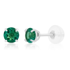 MAX + STONE 14k White Gold Created Green Emerald Round Stud Earrings for Women | 4mm May Birthstone Earrings | Green Emerald Earrings for Women | Real Gold Emerald Gemstone Earrings