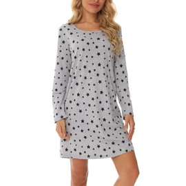 MIA LUCCE Women's Nightdress with Cute Prints, Long Nightdress with Crew Neck, Grey Star