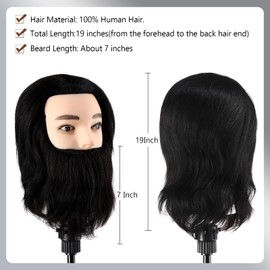 Man's Hairdressing Head 100% Real Hair with Beard Male Practice Head Real Hair Hairdresser Head Doll Head Mannequin Head with Table Clamp + Comb Set (19 Inches)