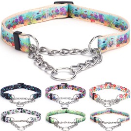 Bbmmayy Martingale Collar, Training Dog Collar, Stainless Steel Chain Pet Collar for No Pull Dog Walking Flowers Design Large Medium Small Dogs (M, Ocean)