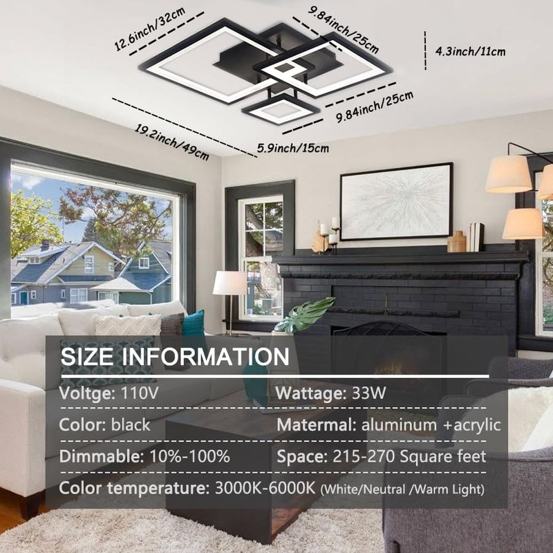 HLILCEH Modern Black Led Ceiling Light 3-Square Design 3000K-6500K Dimmable
