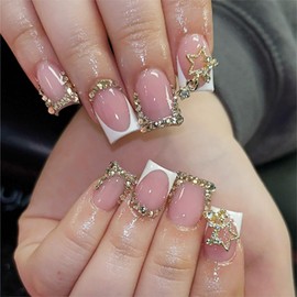 24Pcs White French Tip Press on Nails Short Square Fake Nails 3D Star Charms Design Acrylic False Nails Gold Rhinestones Nail Tips Press ons Full Cover Glossy Nude Pink Glue on Nails for Women Girls
