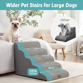 COZY KISS Wide Dog Stairs for Large Dogs 19.7" Width, Dog Step for Small Dog, Puppy or Cat, Medium Pet Ramp for High Bed or Car, High Density Foam Ladder, 19.7x33x22.4 in, Stable, 5 Step, White Black