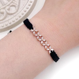 JunyiDIY Tennis Flower Cubic Zirconia Bracelet, Black Braided Rope Adjustable Bracelet Friendship Bracelet Adjustable String Minimalist Jewelry