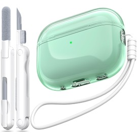 MHYALUDO Compatible with Airpods Pro 2/1 Generation Case, Transparent Soft Case with Lanyard Cleaning Pen, Green
