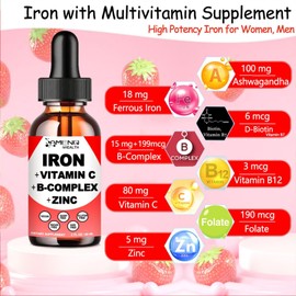 Liquid Iron Supplement w/Vitamin C, A, B-Complex, Vegan Iron Drops High Potency Liquid Vitamin & Iron Supplements for Women, Men & Children -Support Red Blood Cell, Energy, Anemia & Fatigue