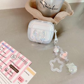 JANDM for AirPods 4 Case with Keychain,Shockproof Soft Clear Cute 3D Crysta Bowknot Design Cover with Bling Heart Beads Keychain for AirPods 4nd Generation -Bowknot