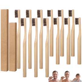 FoldTier 12 Pack Natural Horse Bristle Bamboo Toothbrush Family Pack Horse Hair No Nylon Individually Boxed Compostable Biodegradable Soft Bristles for Home Travel Camping 6 Kids and 6 Adults