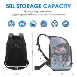 Octsky Ski Boot Bag, 50L Ski Boot Travel Backpack Snowboard Boot Bag for Ski Helmet, Goggles, Gloves, Skis, Snowboard & Accessories, Grey