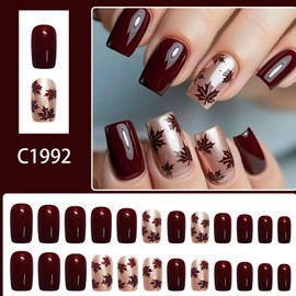 Fall Press on Nails Medium Square Fake Nails with Maple Leaves Designs Burgundy Full Cover Nails Press ons Glossy Glue on Nails Acrylic Stick on Nails Autumn Presson Nails for Women 24Pcs