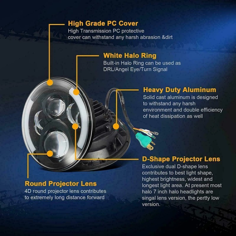 realtop3 7" Motorcycle Projector LED Headlight Driving Light DRL Hi-lo