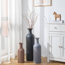 Sziqiqi Metal Tall Floor Vase: Tricolor Large Ribbed Floor Vasess 27/20/16in for Living Room - Farmhouse Earth Tones Vases for Pampas Grass - Oversized Standing Vase for Fireplace Home Corner Hallway