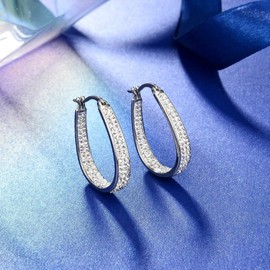 Crystal Hoop Earrings - Silver Plated Inside Out Oval Shape Hoop Earrings for Women, 1.2 Inch, Crystal, crystal