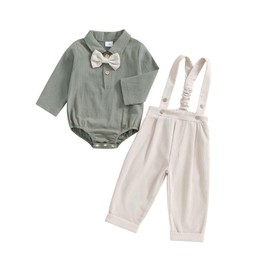 Newborn Baby Boy Gentleman Suit 0-24M Toddler Infant Boys Fall Winter Outfit Solid Color Long Sleeve Rompers With Bow Tie Shirts and Suspender Pants 2 Piece Clothes Set (Green, 6-12 Months)