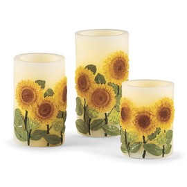 SAGEFINDS LED Sunflower Candles | Set of 3 | Flameless Real Wax Pillar Candles | Embossed Floral Design | Battery Operated