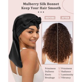 AWAYTR 100% Mulberry Silk Bonnet - Long Hair Cap for Sleeping Tie Band Bonnet for Braids Curly Hair (Black)