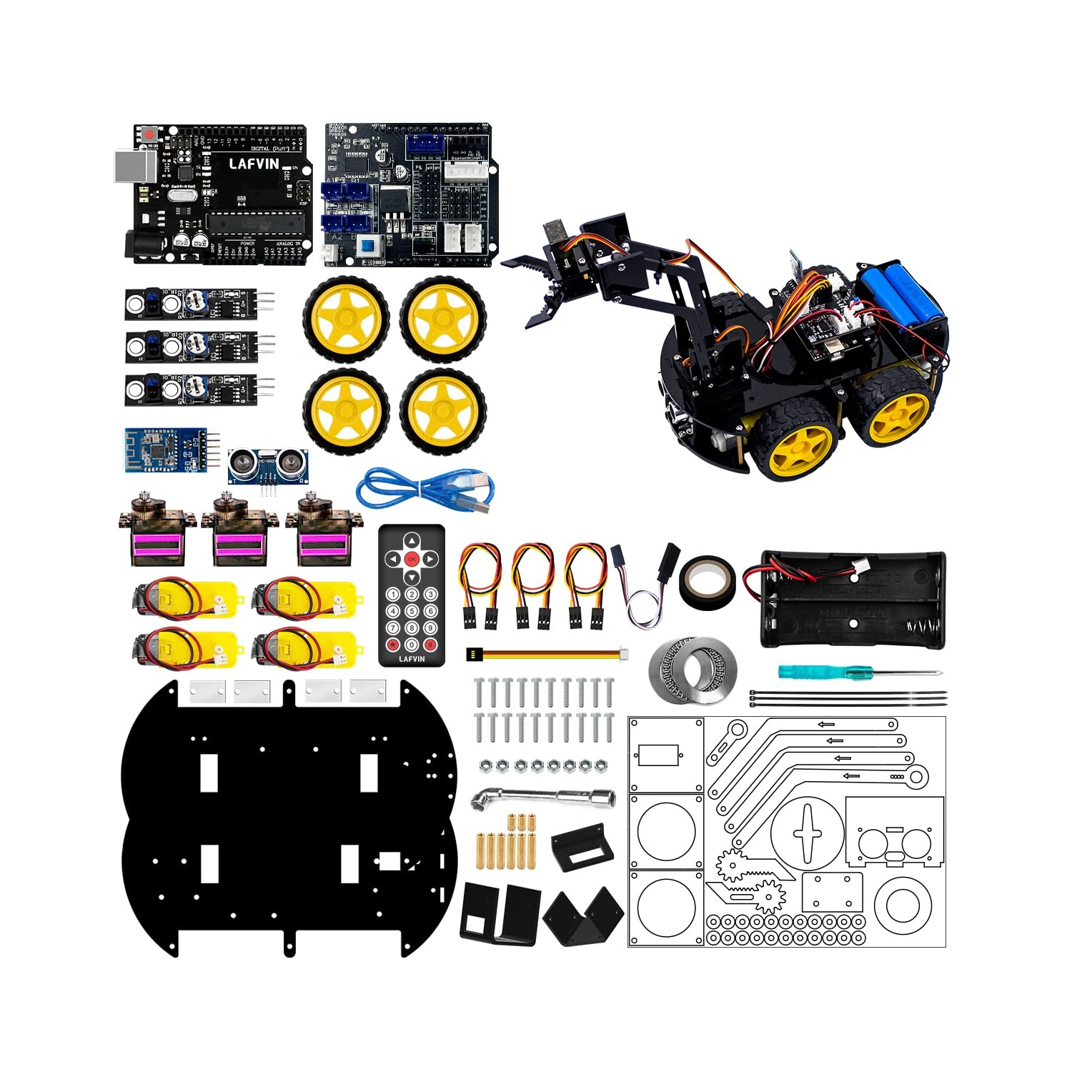 LAFVIN Mechanical 4WD Robot Arm Smart Car Kit - STEM/Graphical ...