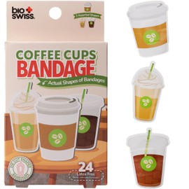 BioSwiss Bandages, Coffee Cup Shaped Self Adhesive Bandage, Latex Free Sterile Wound Care, Fun First Aid Kit Supplies for Kids, 24 Count