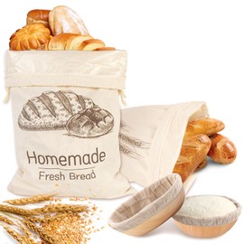 GYOSUGANG Bread Bags for Homemade Bread Sourdough With Cotton Proofing Cover - Plastic Lined Reusable Breads Storage, Linen Sourdough Bag to Keep Fresh - 20" x 14", 4 Pack