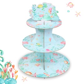 Ocean Cupcake Stand - Under The Sea Baby Shower Birthday Party Decorations for Girls, 3 Tier Cardboard Cupcake Holder Stand, Round Dessert Tower Stand, Ocean Animals Party Supplies