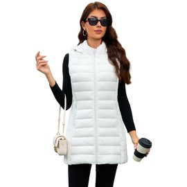 MODERN BUBBLE Packable Long Puffer Vest Women With Hood Sleeveless Lightweight Jacket Womens Winter Vest (US, Alpha, Medium, Regular, Regular, 016-White)