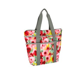 LeSportsac Chasing Flowers Everyday Zip Tote Handbag/Travel Bag, Style 3867/Color E546, Vibrant Tropical Soft Focus Flowers, Bokeh Style Art In Motion, Raspberry, Avocado & Sunny Yellow Blooms