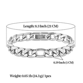 MISWOYI Silver 316L Waterproof Stainless Steel Bracelet For Men, Stylish Figaro Chain, W:10mm, L:8.3", Hypoallergenic Jewelry, Come with Box