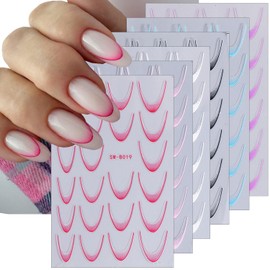 6 Sheets French Tip Nail Stickers Colorful Geometric Lines Nail Decals Curved Stripes Nail Art Designs Self-Adhesive V Shaped Nail Tips Guides French Manicure Stickers for Women Girl DIY Stencil Tools