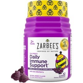 Zarbee’s Kids Elderberry Immune Support* Gummies, Daily Vitamins A C D3 E & Zinc, Real Elderberry Extract, Gelatin & Gluten Free, No Artificial Flavors, Natural Berry Flavor, Ages 2+, 42 Ct Bottle