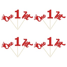 24 piezas de decoración para cupcakes de primer cumpleaños con purpurina para primer cumpleaños, 1 cupcake para baby shower, 1 fiesta de cumpleaños, decoración de pasteles, suministros rojos