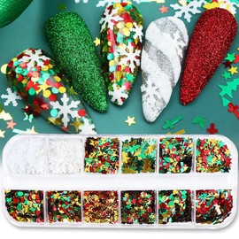 Christmas Nail Art Glitters Sequins, 3 Boxes Holographic Snowflake Nail Art Flakes Red Green White Winter Snowflake Star Glitter Sticker Decals Manicure DIY Xmas Decorations 36 Styles