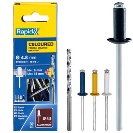 Rapid Blind Rivets Coloured Diameter 4.8 mm 9-12 mm Clamping Range 32 Pieces Aluminium Rivets Set Including Drill for Blind Rivet Pliers