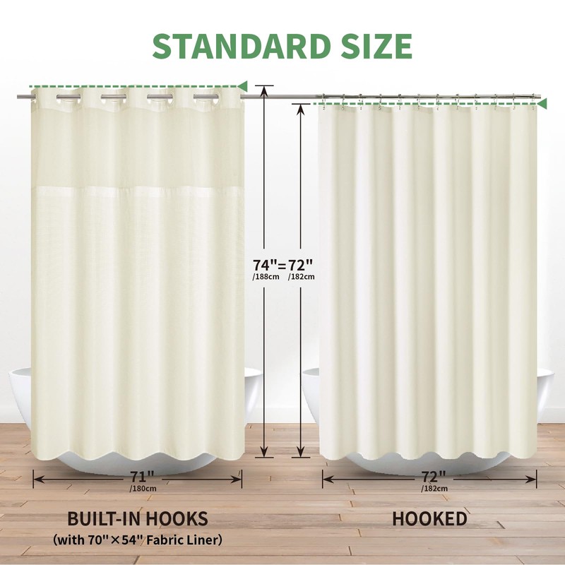 eachope Cream No Hook Shower Curtain with Snap-in Fabric Liner