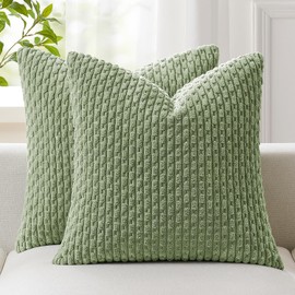 Kevin Textile 2 Packs Spring Decorative Throw Pillow Covers 18x18 Inch for Living Room Couch Bed Spring Sofa Soft Striped Corduroy Square Cushion Case 45x45 cm Farmhouse Boho Home Decor Sage Green