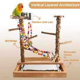 Bird Perch Play Stand Playground, Conure Parakeets Parrots Cockatiel Toys, for Bird Cage Accessories, Natural Wood
