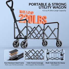 Collapsible Wagons Carts Foldable with 220lbs Weight Capacity, Lightweight Utility Portable Wagon Cart with Wheels, Grocery Foldable Wagon for Beach, Garden, Sports and Camping, Black